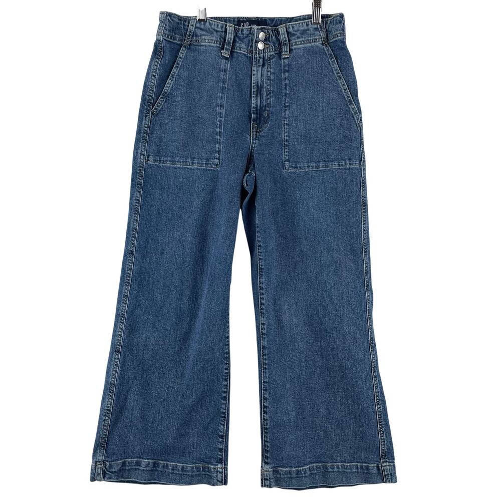 GAP Womens High Rise Wide-Leg Crop Jeans 8 29R Medium Wash Blue Stretch